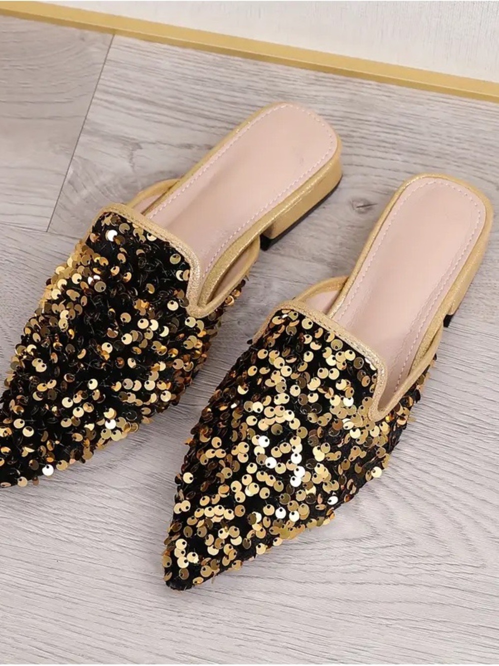 Gold Sequin Pointed Mule Flats - Women's - Picture 3 of 4